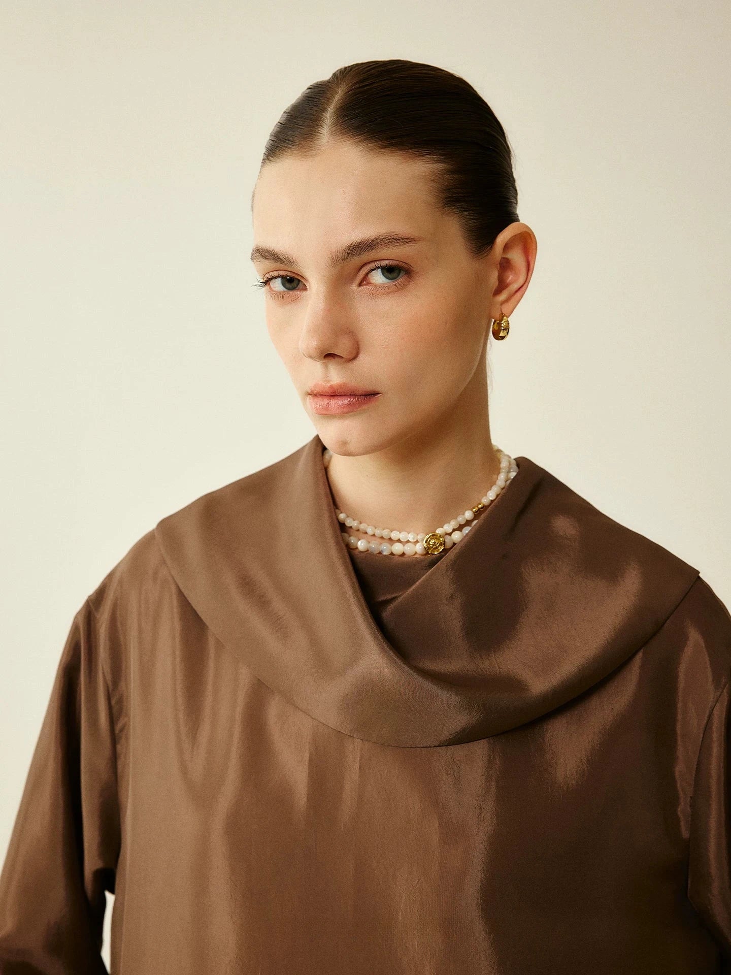 Satin Cowl Neck Long Sleeve Top