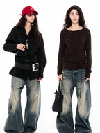 Asymwe Retro Washed Ripped Loose Fit Scimitar Jeans Versatile Casual Banana Pants