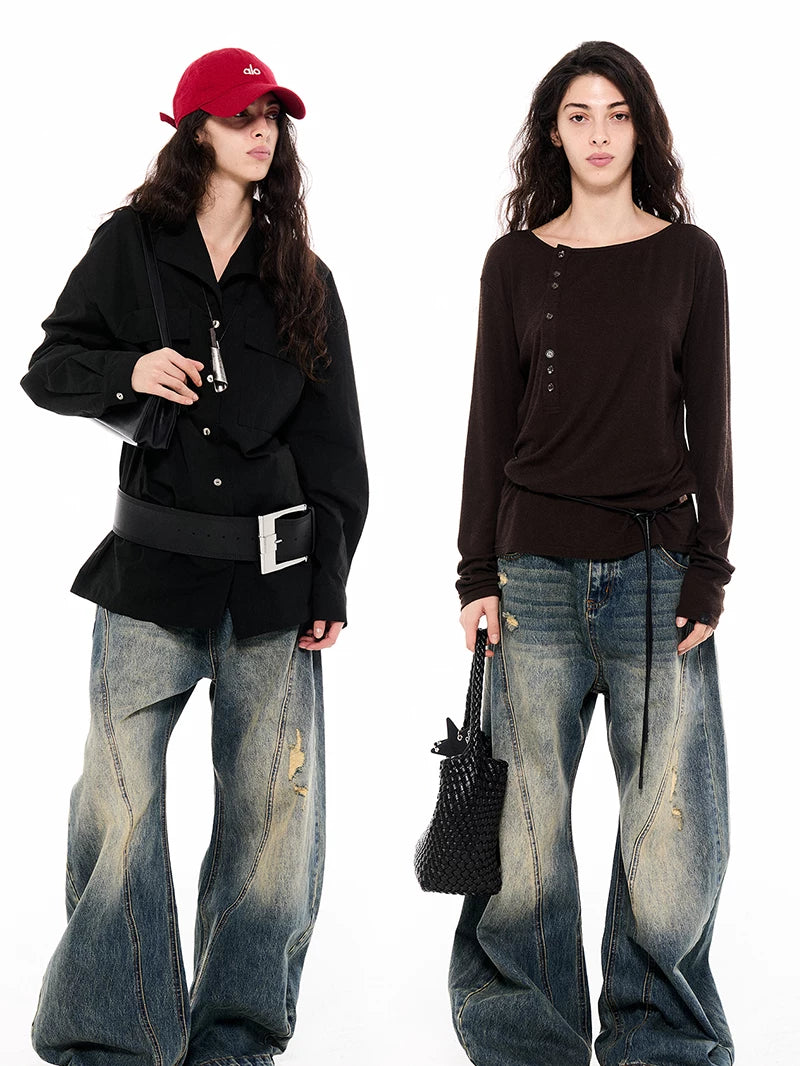 Asymwe Retro Washed Ripped Loose Fit Scimitar Jeans Versatile Casual Banana Pants