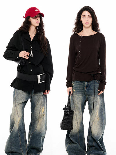 Asymwe Retro Washed Ripped Loose Fit Scimitar Jeans Versatile Casual Banana Pants