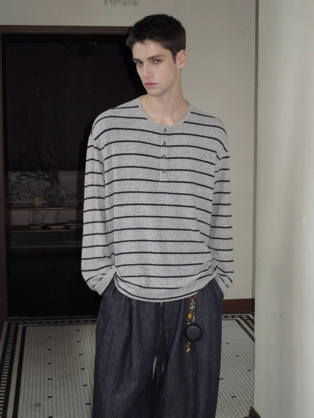 Striped Henley Long Sleeve Tee