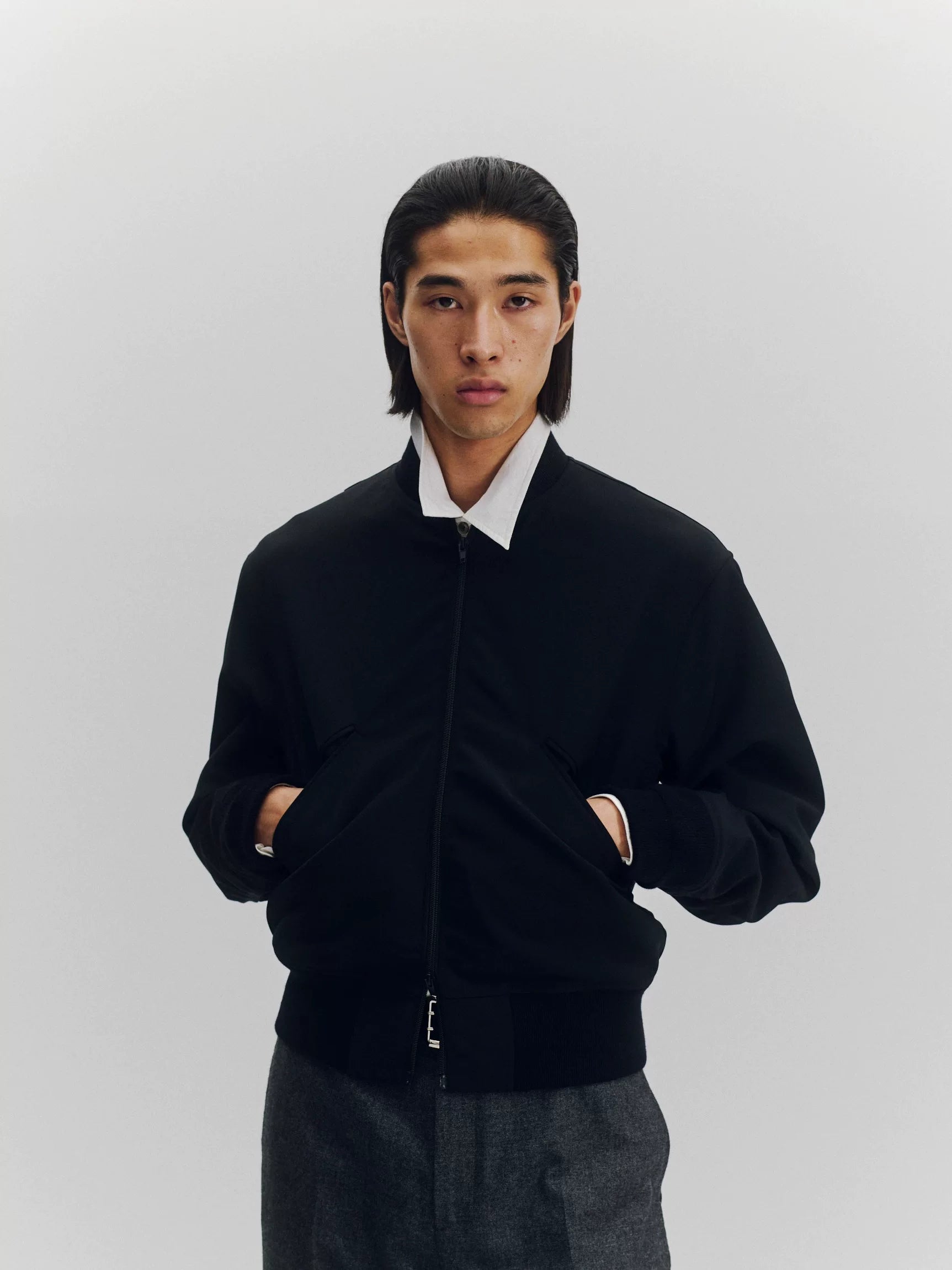 Wool Blend Ribbed Bomber Jacket