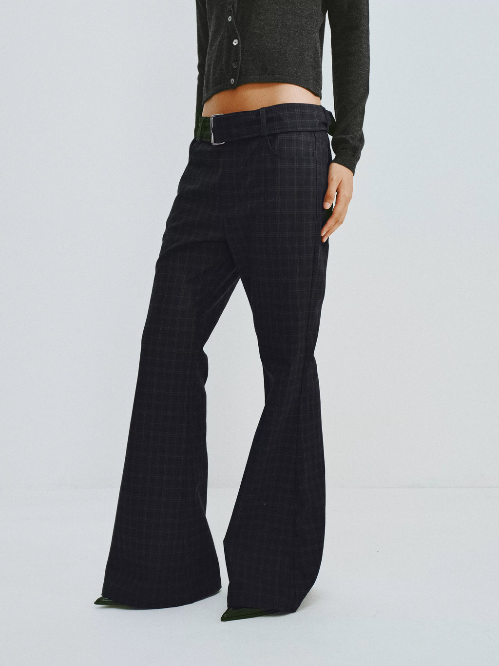 Plaid Flared Trousers With Draped Waist