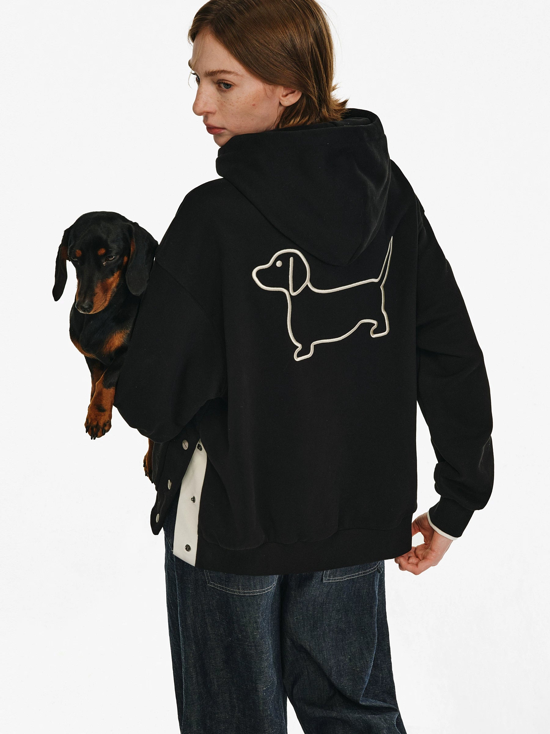 Embroidered Puppy Motif Hooded Sweatshirt