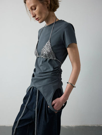 Asymmetric Pleated Cotton T-Shirt With Sequin Overlay