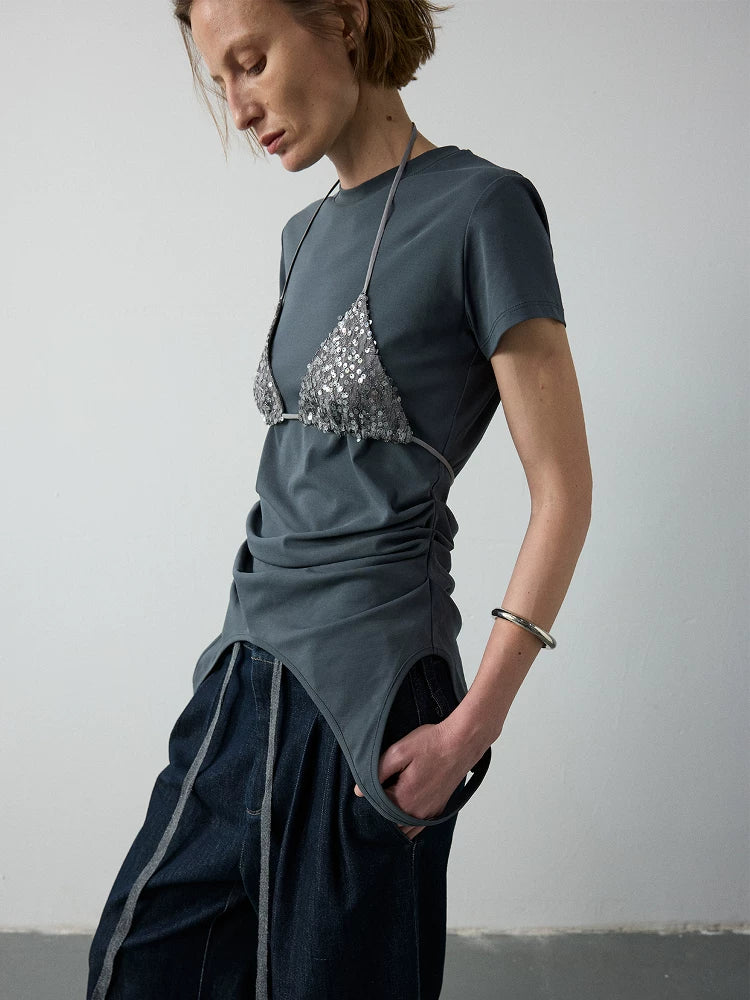 Asymmetric Pleated Cotton T-Shirt With Sequin Overlay