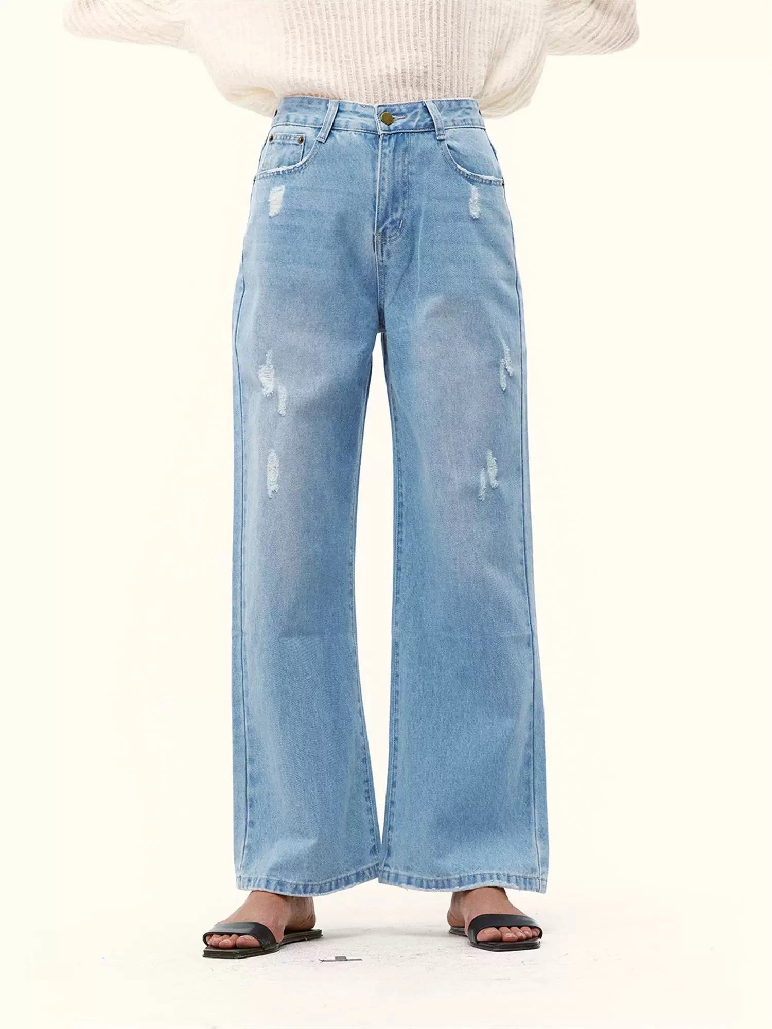 High-Waisted Distressed Straight-Leg Jeans