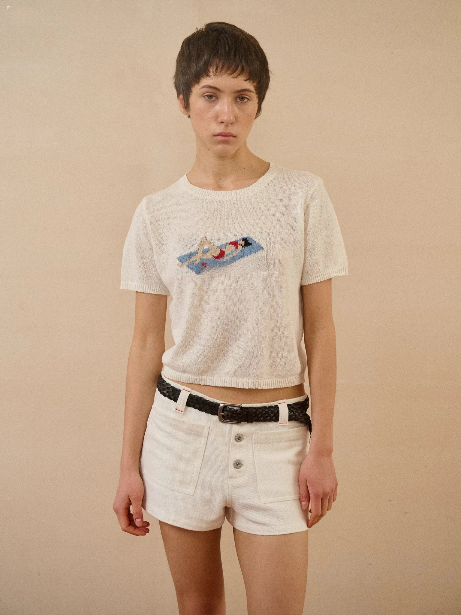 Jacquard Knit Cropped Graphic T-Shirt