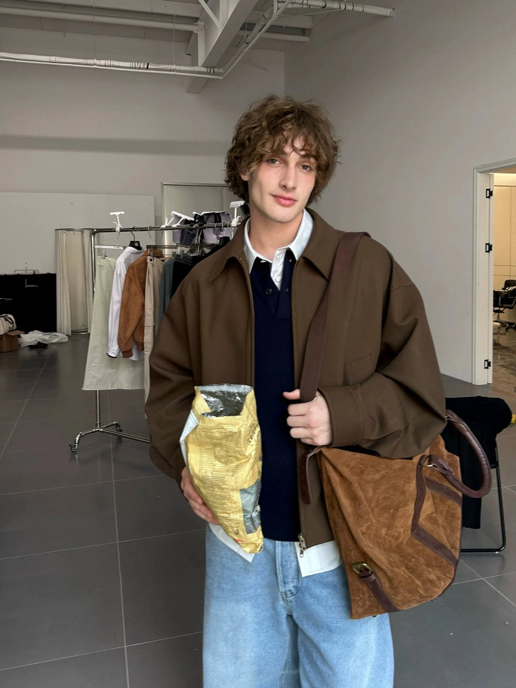 Oversized Wool Blend Harrington Jacket