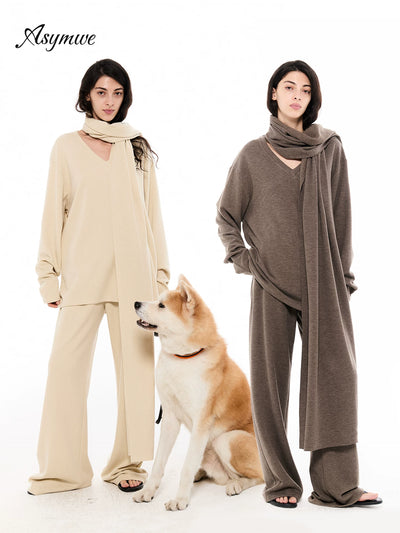 Velvet V-Neck Lounge Set With Scarf