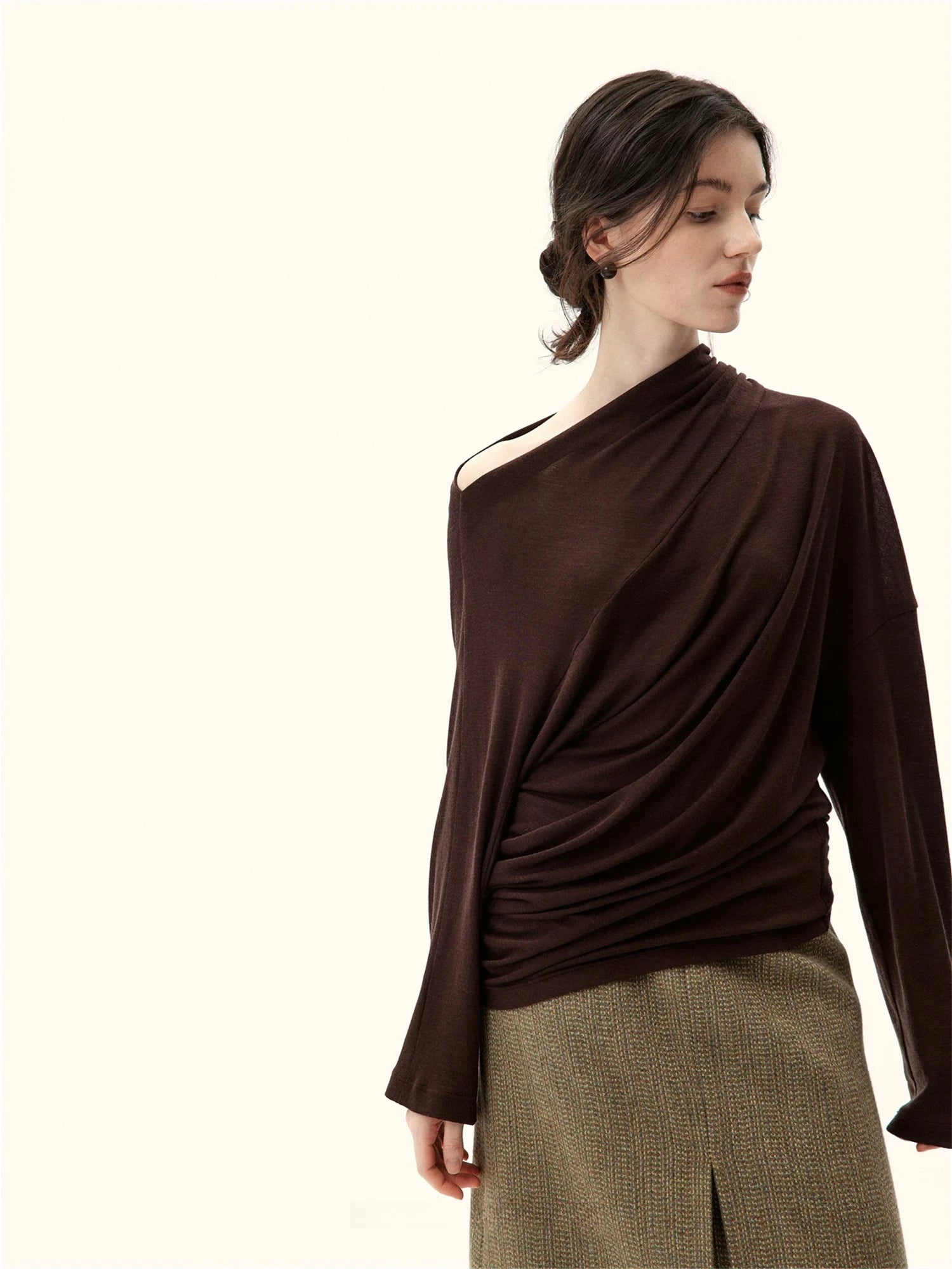 Earth Echo Asymmetric Pleated Knit Top