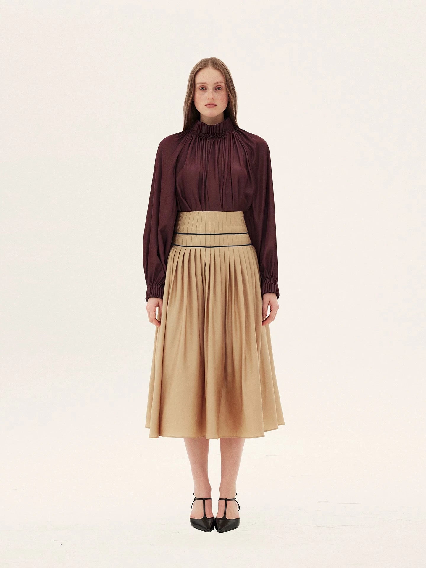 High-Waisted Pleated Midi Skirt