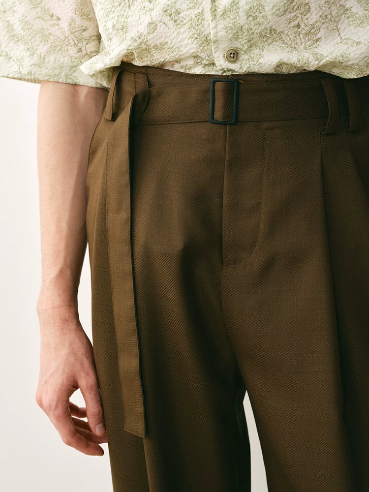 Olive Wool Blend Pleated Trousers