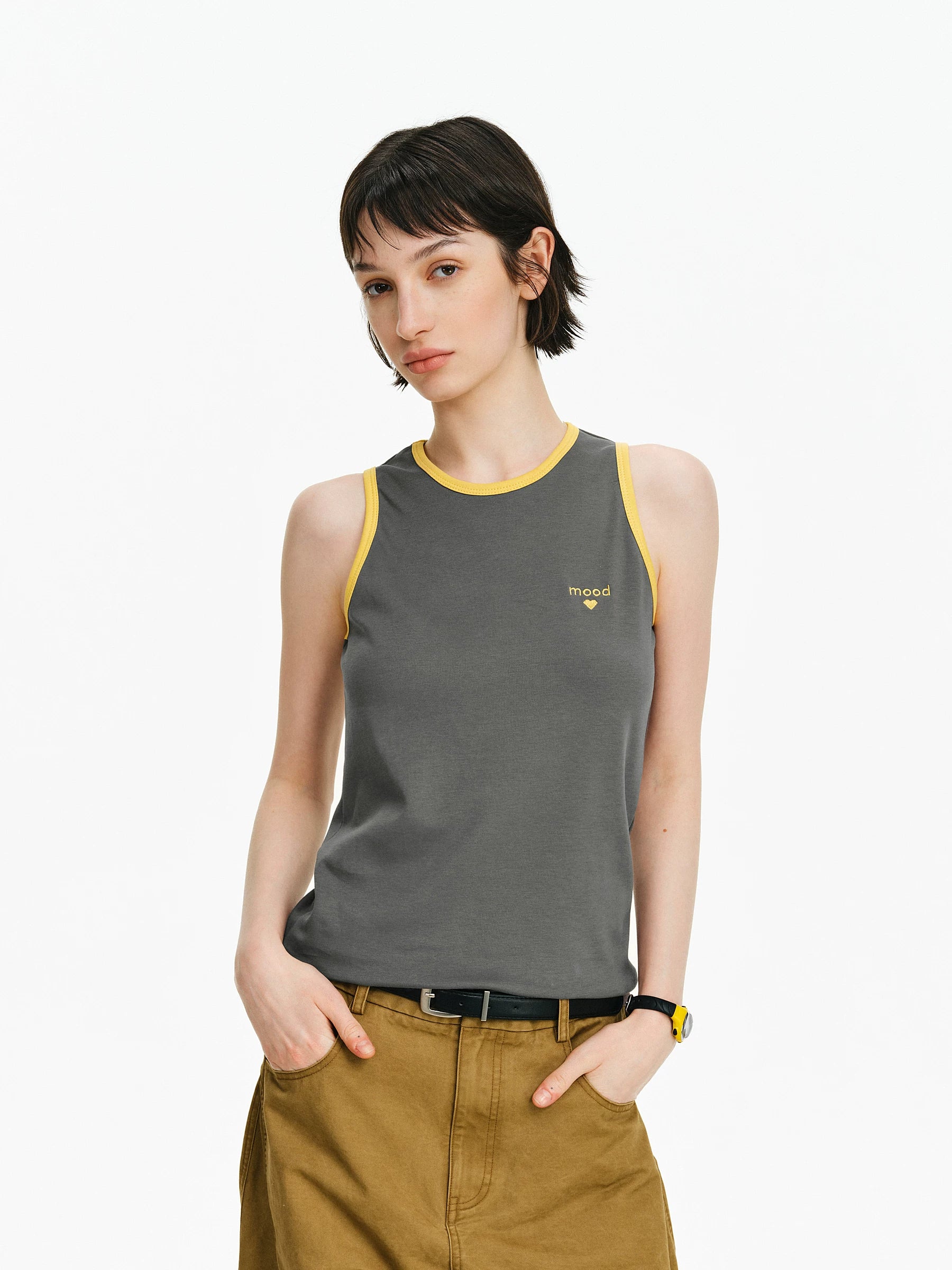 Contrast Trim Embroidered Tank Top