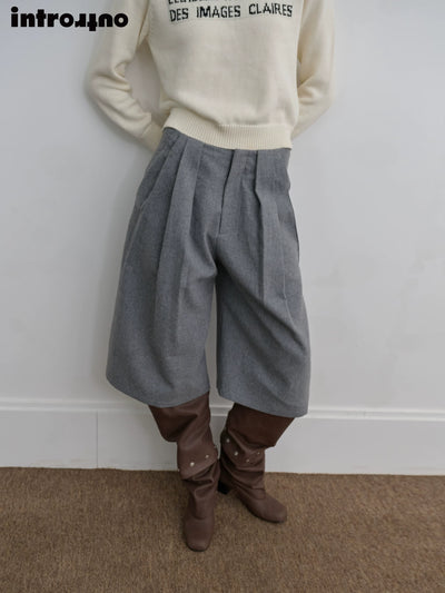 Pleated Wool Cropped Wide-Leg Pants