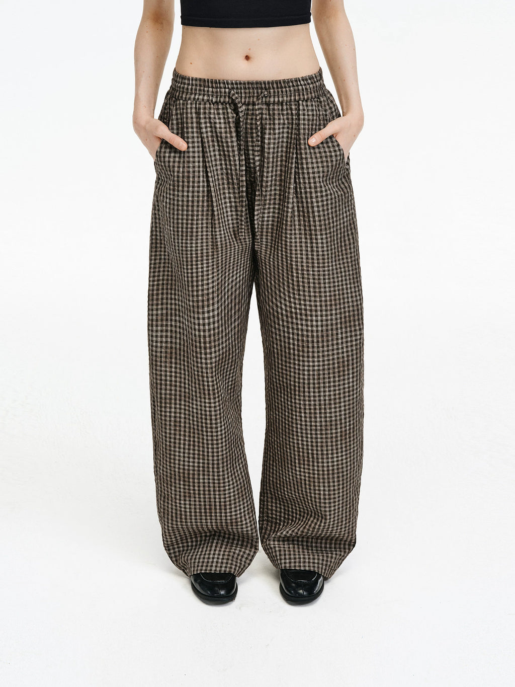 Gauze Checkered Wide-Leg Trousers