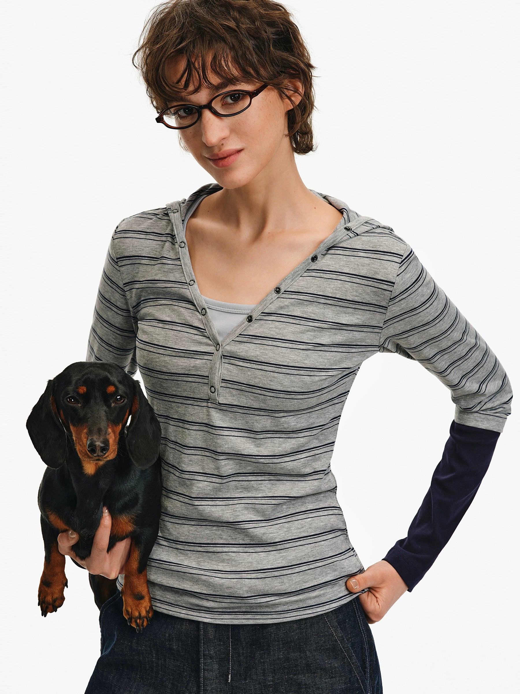 Layered Striped Hooded Long-Sleeve Top