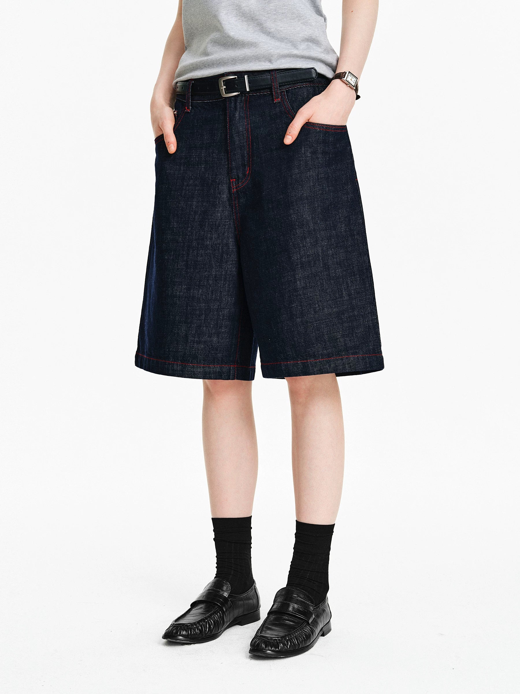 Contrast Stitch Denim Bermuda Shorts