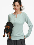 Contrast Stitch Henley Long-Sleeve Top