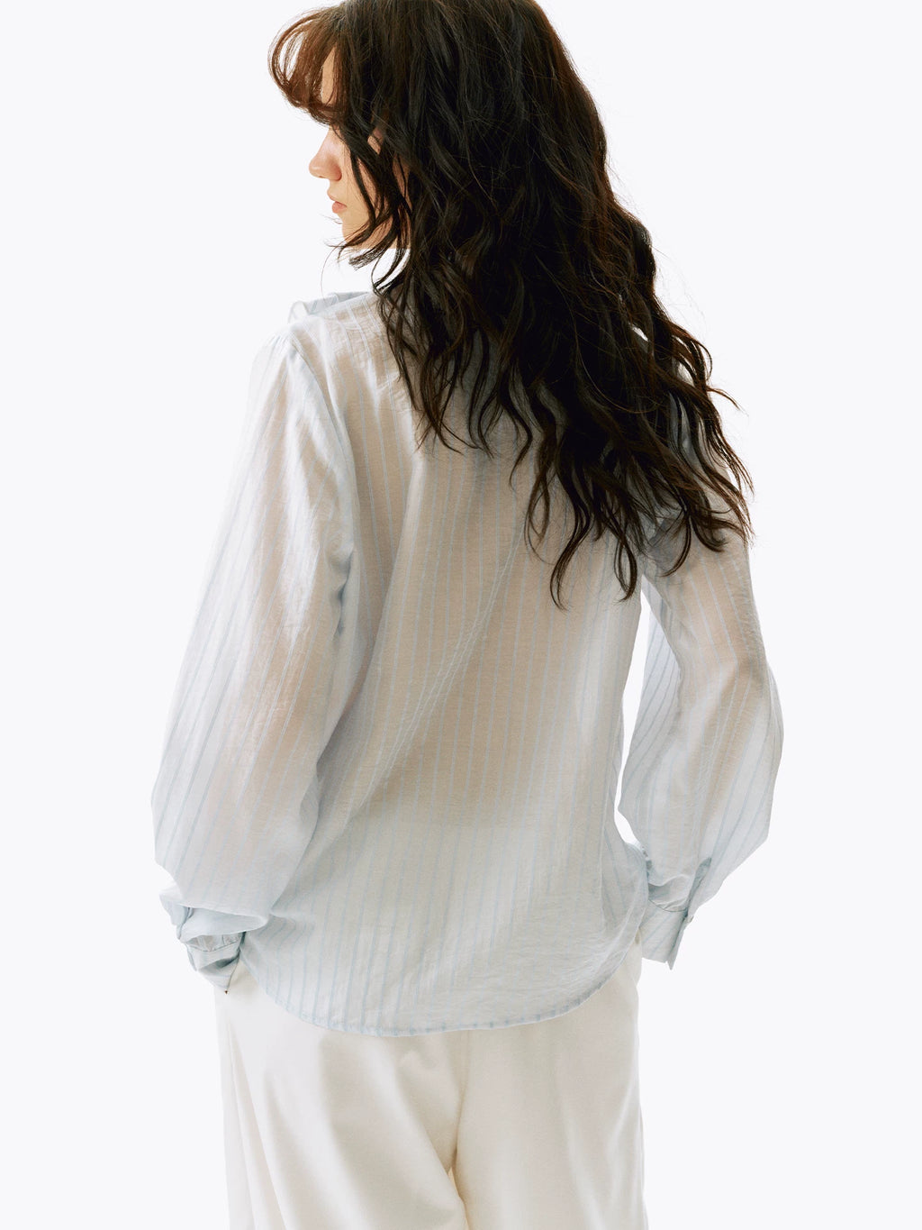 Ruffled V-Neck Striped Tencel Shirt