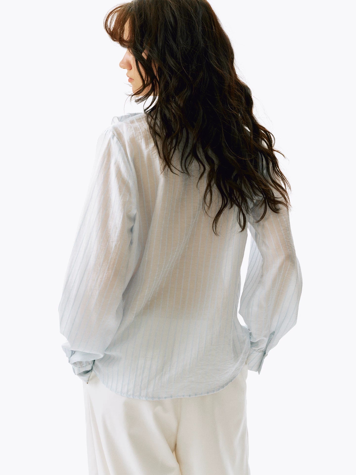 Ruffled V-Neck Striped Tencel Shirt