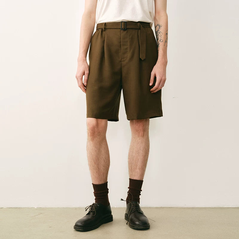 Olive Wool Blend Pleated Belted Shorts