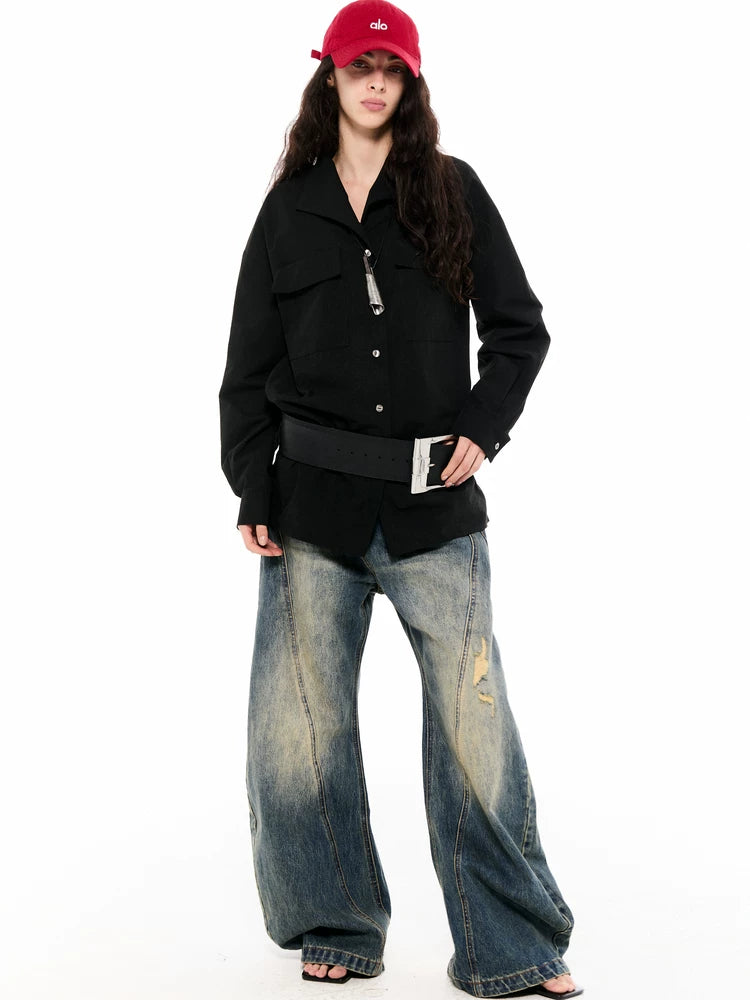 Asymwe Retro Washed Ripped Loose Fit Scimitar Jeans Versatile Casual Banana Pants
