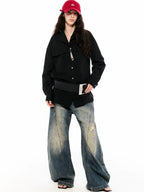 Asymwe Retro Washed Ripped Loose Fit Scimitar Jeans Versatile Casual Banana Pants