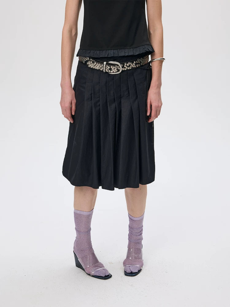 Coated Lightweight Pleated Midi Skirt