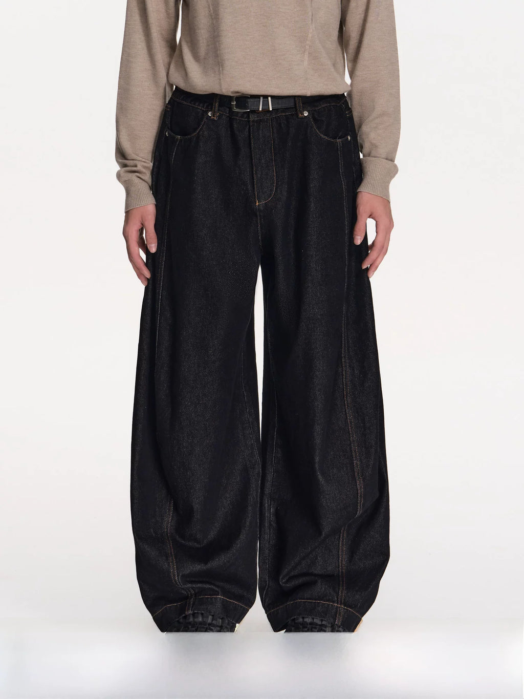 Curved Seam Wide-Leg Denim Jeans