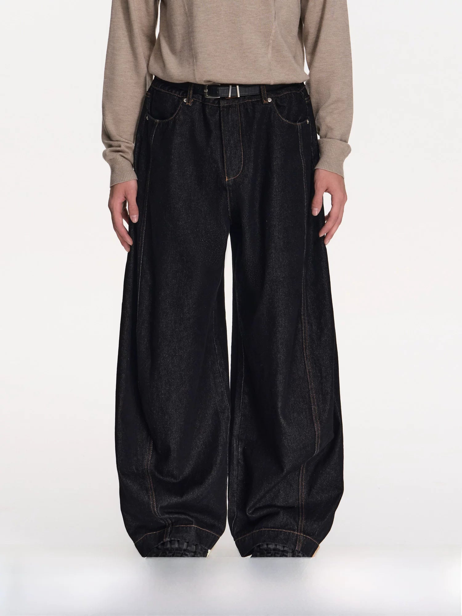 Curved Seam Wide-Leg Denim Jeans