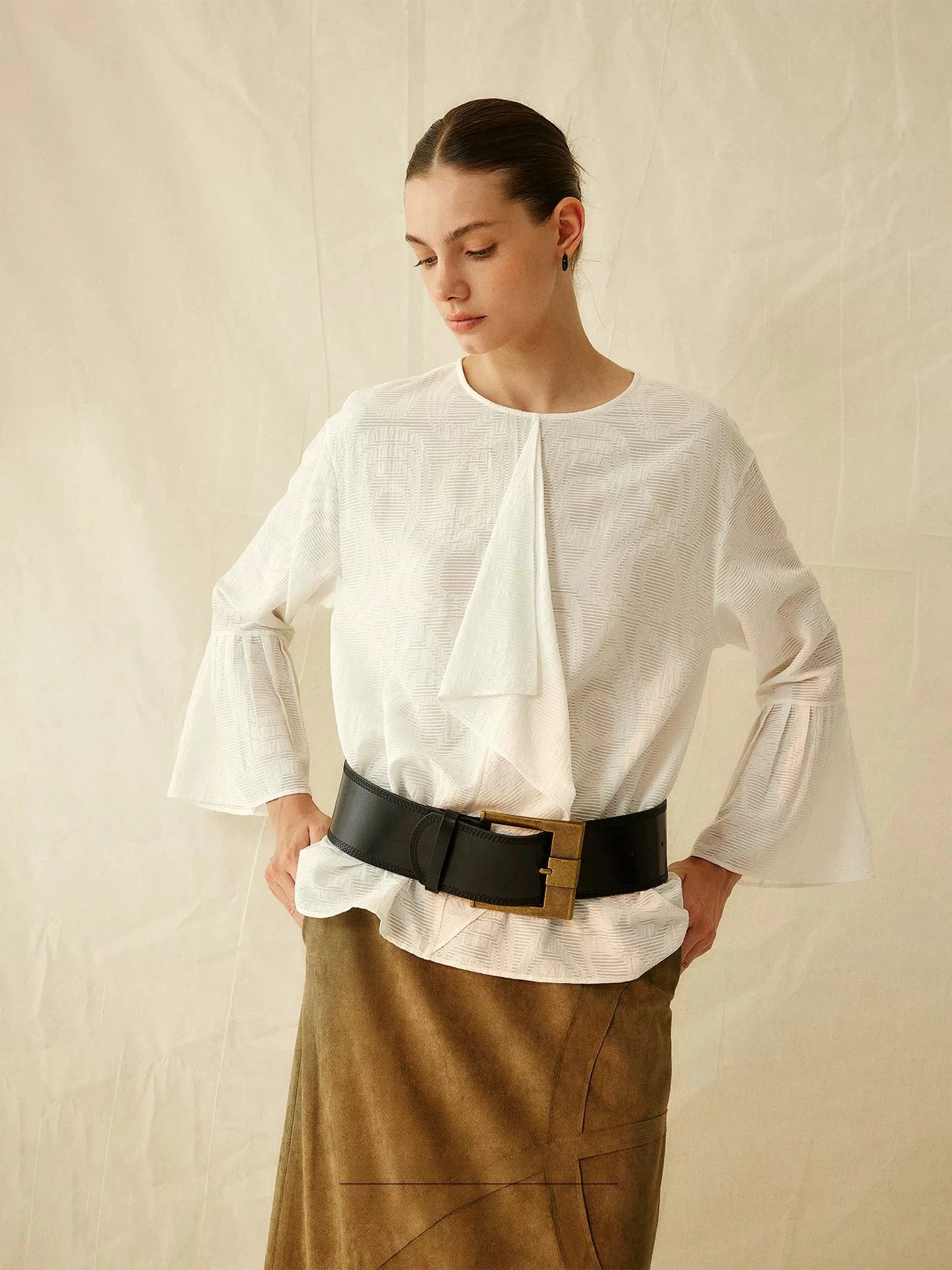 Textured Abstract Embroidered Bell-Sleeve Blouse