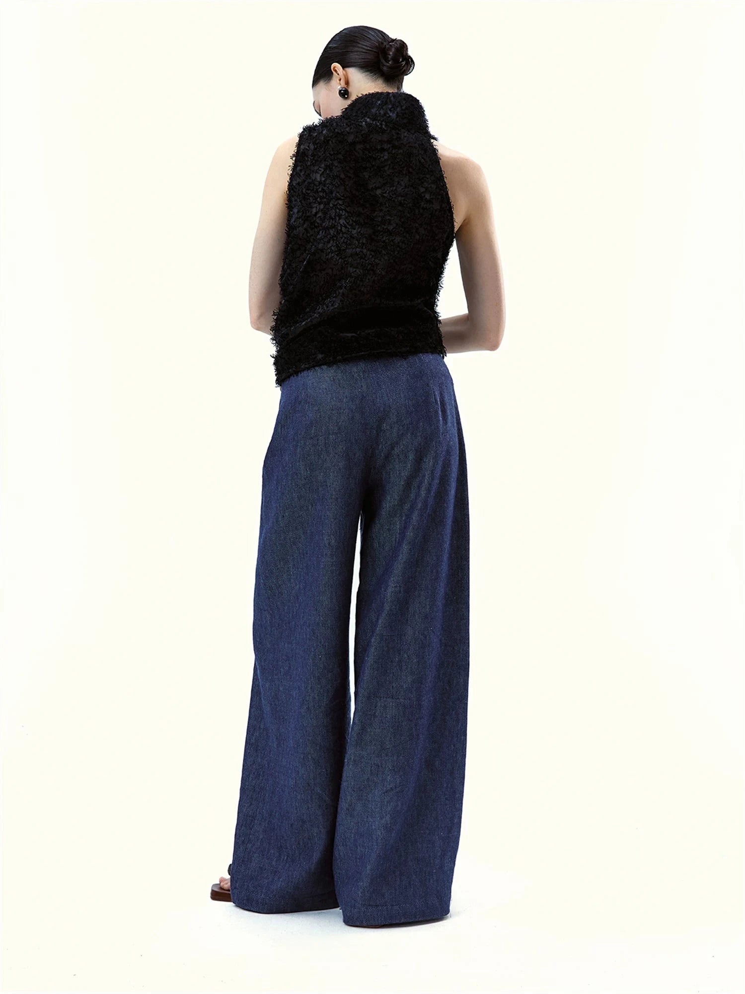 Asymmetrical Waistband Wide-Leg Denim Trousers