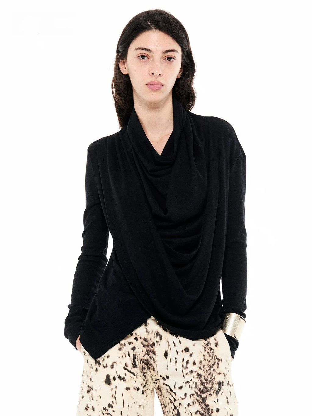 Draped Tencel Sculptural Long-Sleeve Top