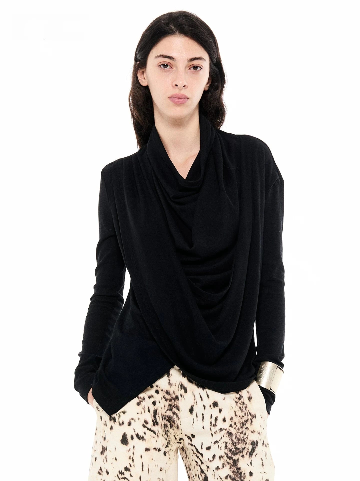 Draped Tencel Sculptural Long-Sleeve Top