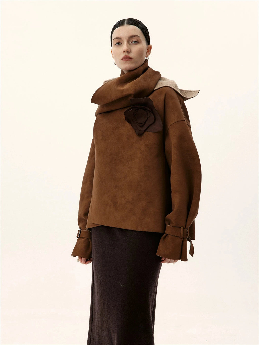 Asymmetrical Suede Jacket With Integrated Scarf
