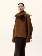 Asymmetrical Suede Jacket With Integrated Scarf
