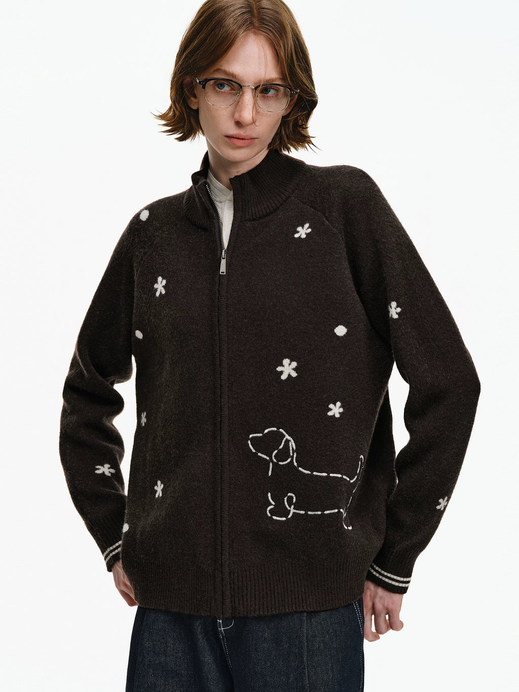 Embroidered Puppy Motif Zip-Up Cardigan
