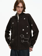 Embroidered Puppy Motif Zip-Up Cardigan
