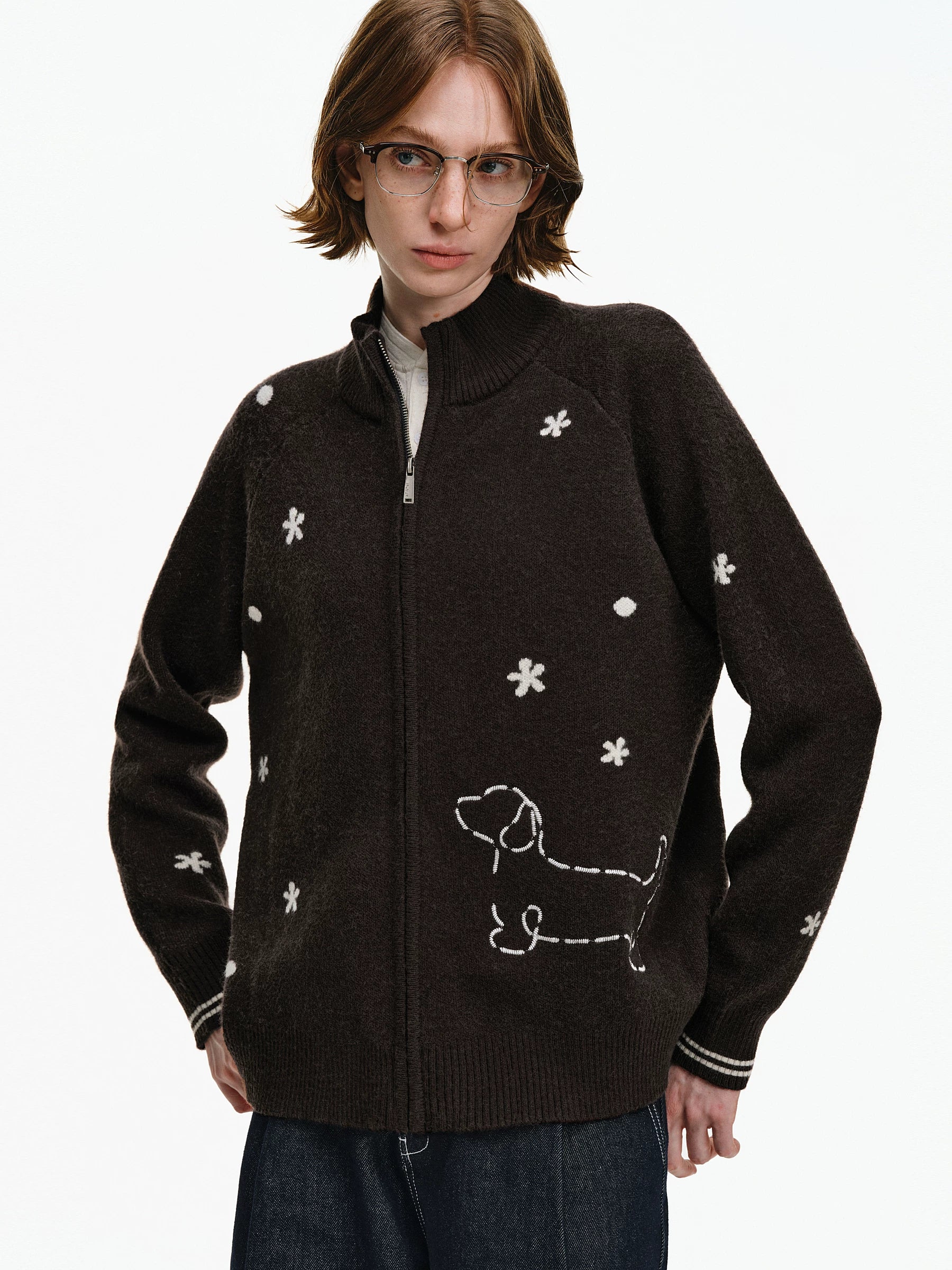 Embroidered Puppy Motif Zip-Up Cardigan