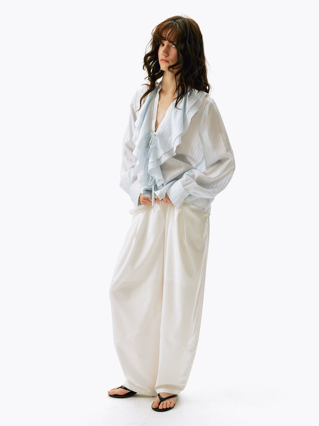 Ruffled V-Neck Striped Tencel Shirt