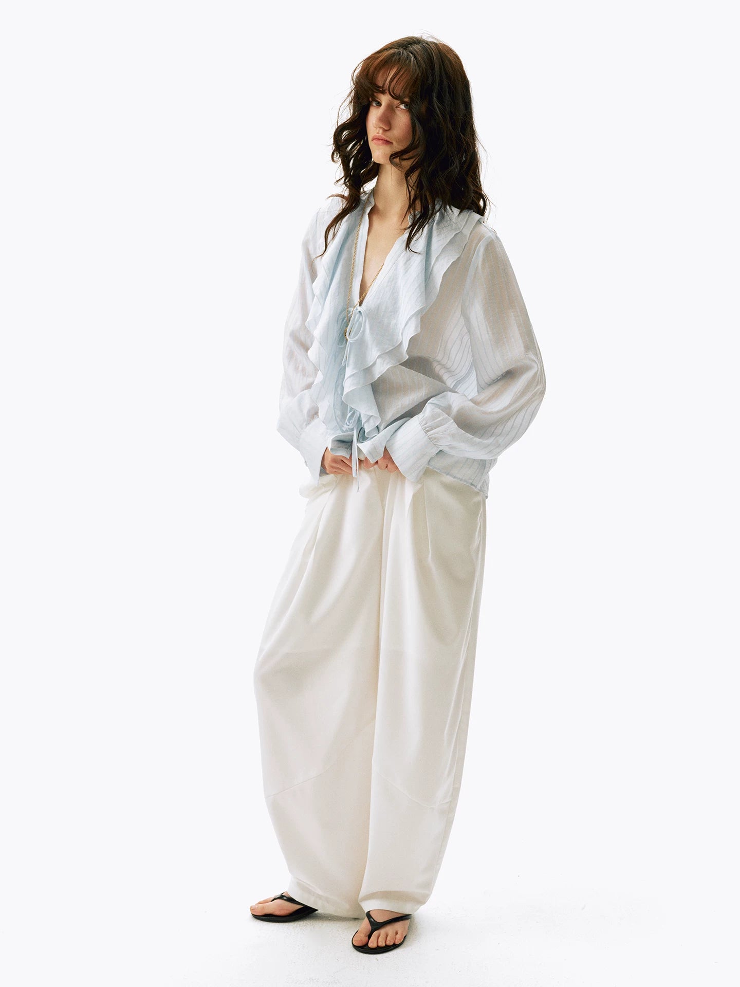 Ruffled V-Neck Striped Tencel Shirt
