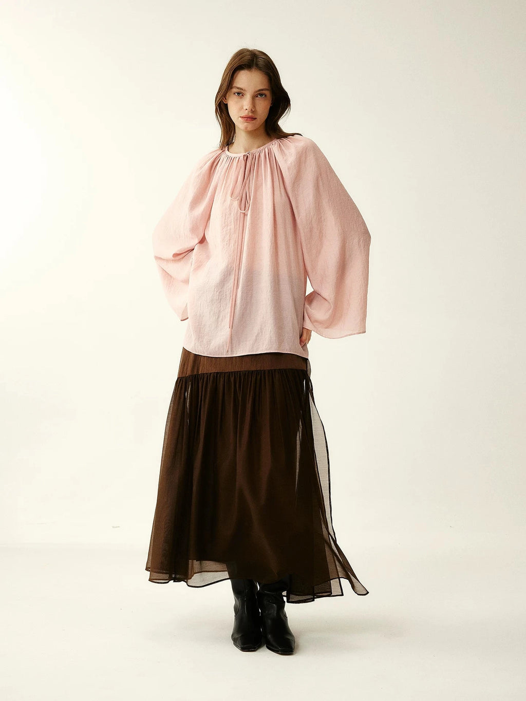 Smoky Pink Pleated Tie-Neck Blouse