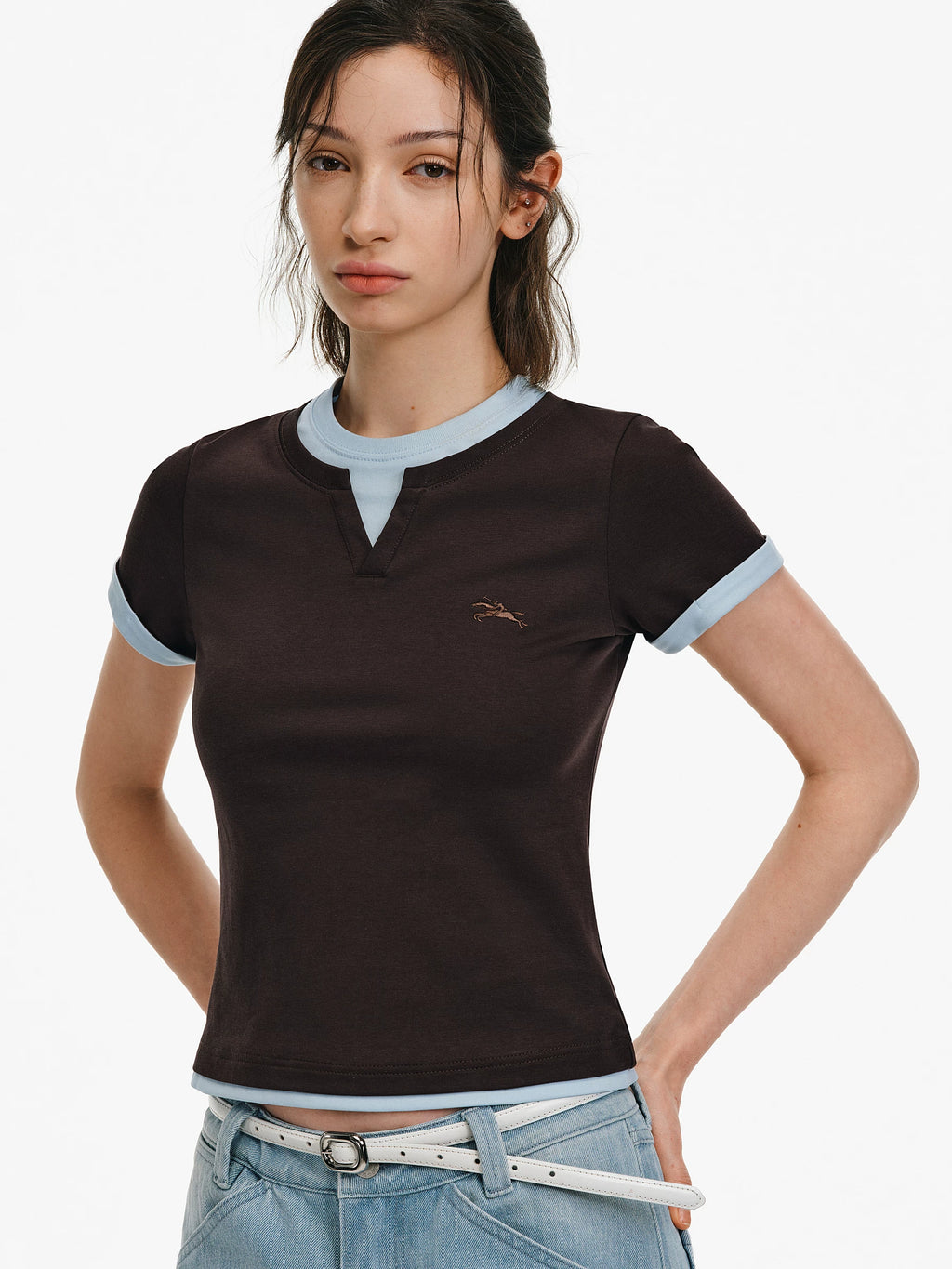 Embroidered V-Neck Layered T-Shirt