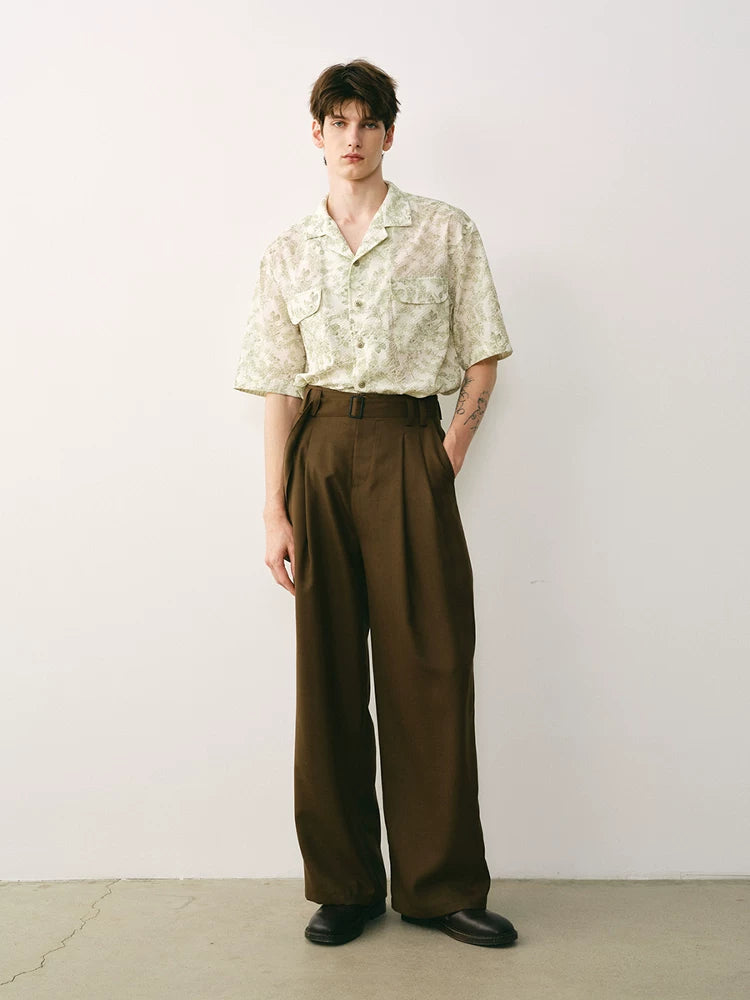 Olive Wool Blend Pleated Trousers