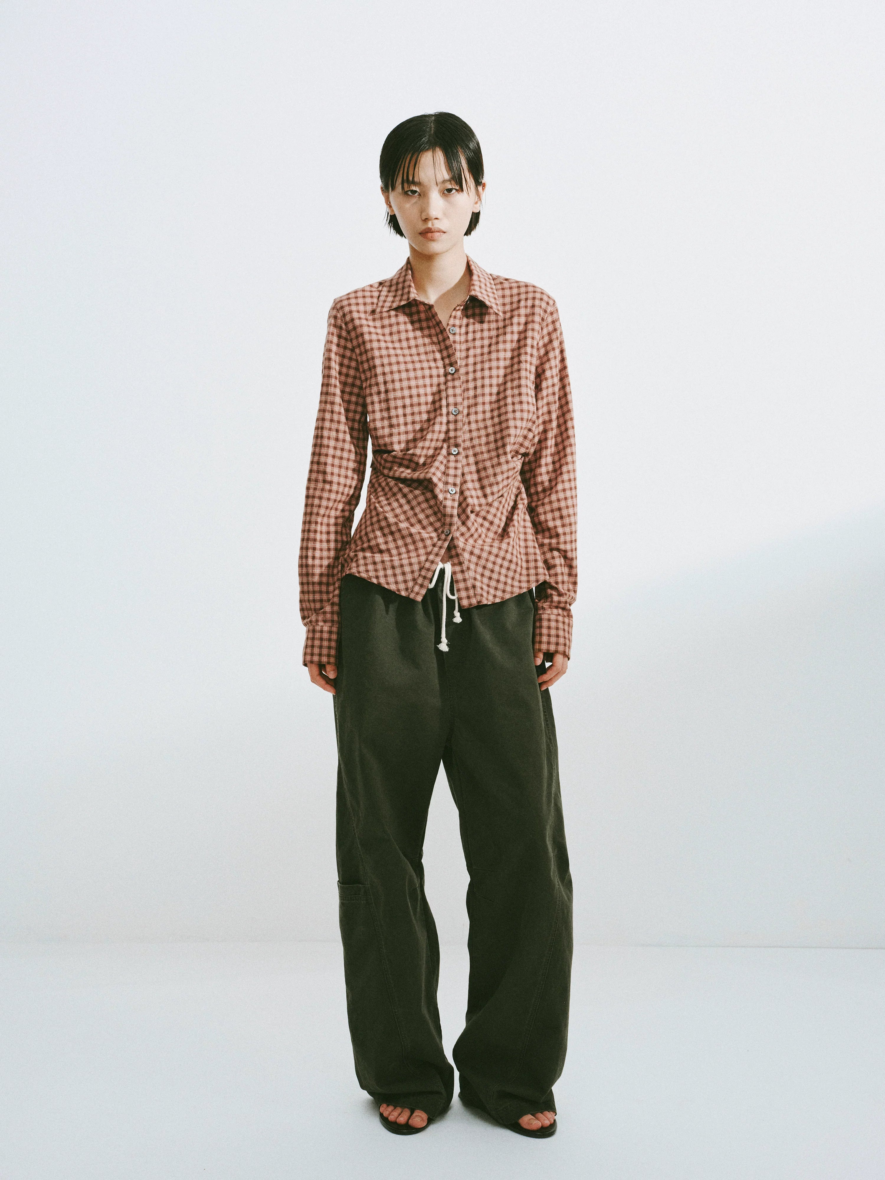 Pleated Plaid Cotton Button-Down Shirt