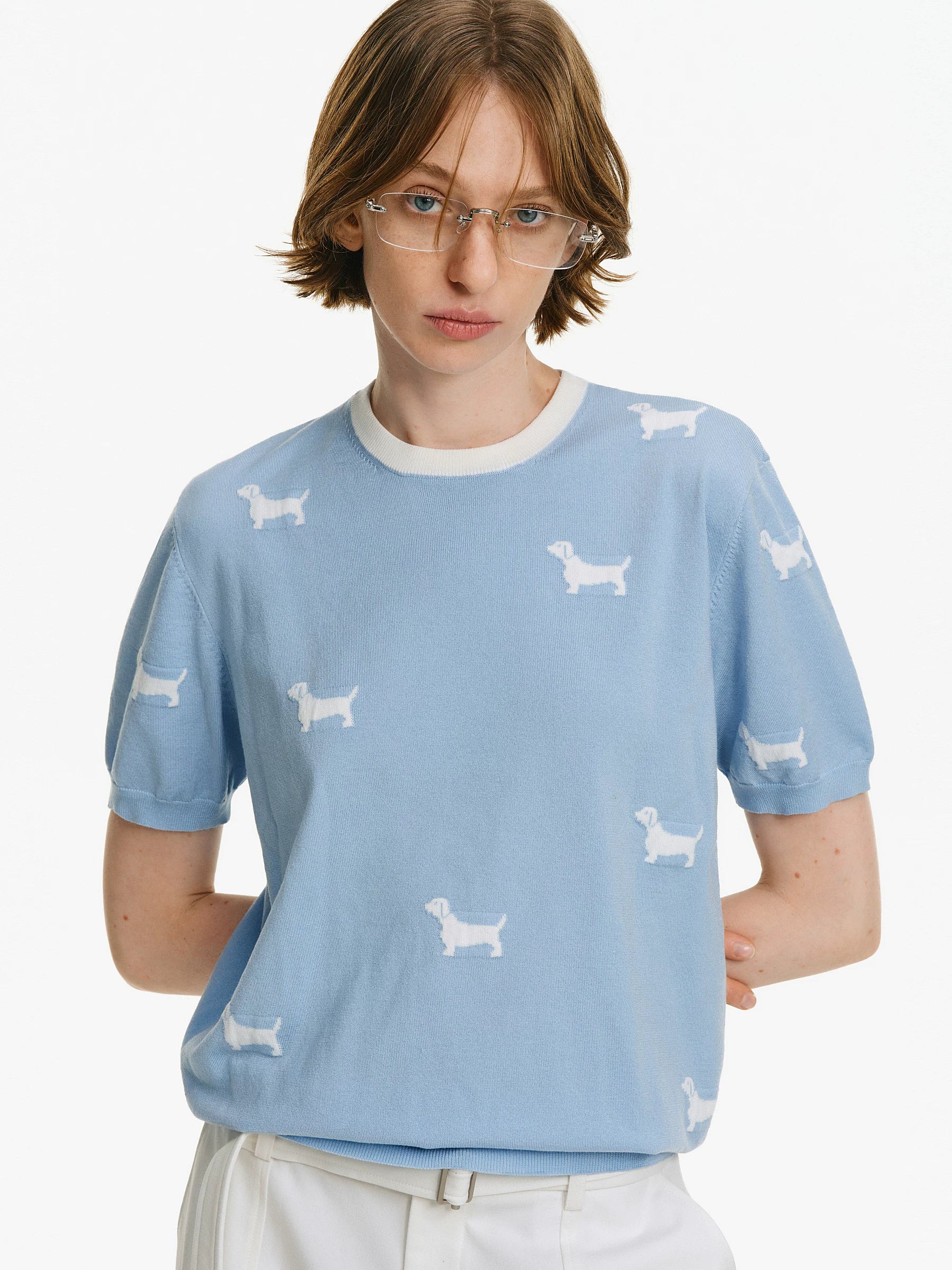 Dachshund Intarsia Knit Short-Sleeve Sweater