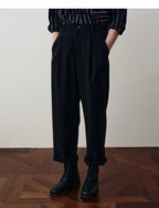 Pleated Wool Blend Cropped Trousers