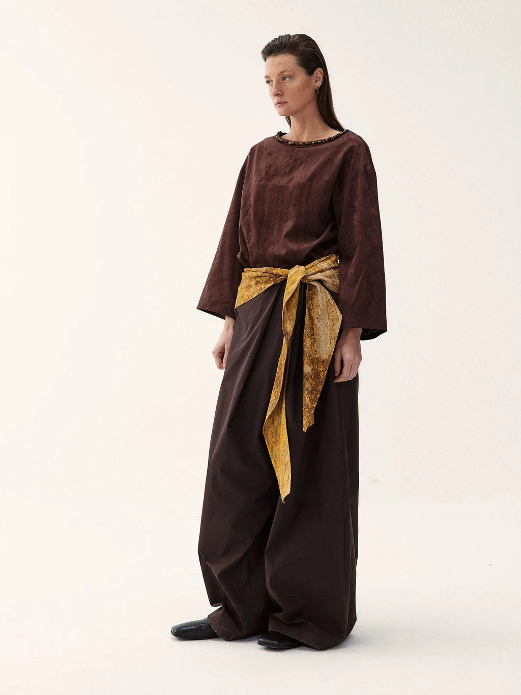 Suede Pleated Wide-Leg Trousers