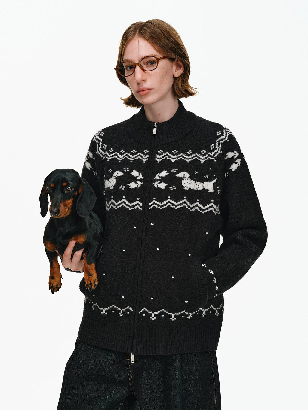 Fair Isle Dachshund Zip-Up Sweater